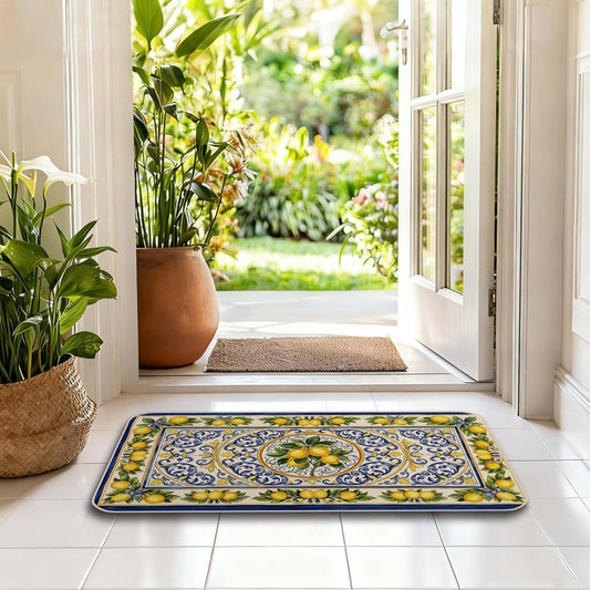 Vintage Mediterranean Lemon Door Mat, Blue and Yellow Baroque Floral Fruit Doormat Non-Slip for Porch Indoor Front Door Outside Entrance Entryway, Summer Lemon Welcome Mat, 17x30 Inch