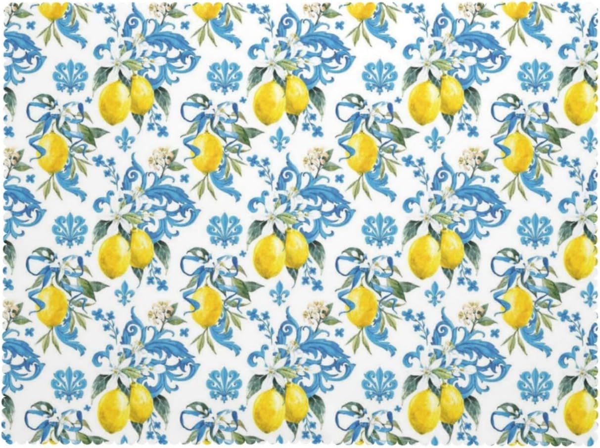 Lemon Pattern Rectangular Tablecloth, Lemons 54x72 Inch Wavy Lace Border Polyester Table Cloth for Dining, Kitchen, Parties