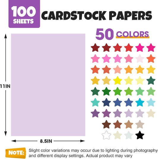 100 Sheets 8.5" X 11" Colored Cardstock, 50 Colors Card Stock | 50 Assorted Colors Construction Paper Printer Paper for Printing, Card Making, DIY Crafts, School Supplies,Party 180GSM/65LB