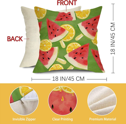 Happy Sweet Summer Time Watermelon Gnome Decorative Throw Pillow Cover 18 x 18 Set of 4, Lemon Watercolor Porch Outdoor Home Decor, Lemonade Seasonal Holiday Farmhouse Sofa Couch Cushion Case