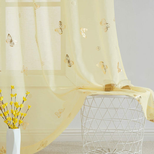Jubilantex Yellow Butterfly Sheer Curtain Panels for Kids Nursery Bedroom, Baby Girls Toddler Gold Print Linen Textured Rod Pocket Voile Drapes 63 Inch Long for Living Room,2 Panels