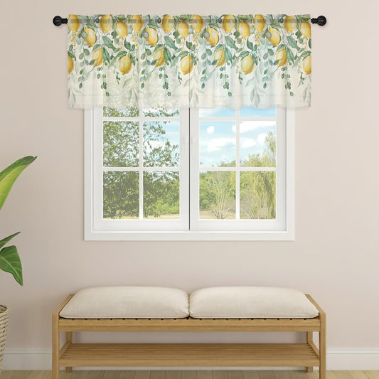 Eucalyptus Leaves Lemon Sheer Curtains Valances for Windows Summer Vintage Fruits Yellow Green Chiffon Kitchen Valances for Cafe, Voile Window Treatments Curtains for Living Room Bedroom, 54"x18"