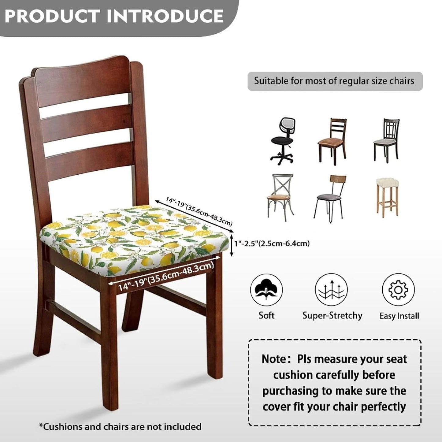 Lemons Square Chair Cushion Cover for Dining Office Wear Resistant Chair Seat Slipcover Home Chair Essentials Comfy Soft Upholstered Chair Seat Covers