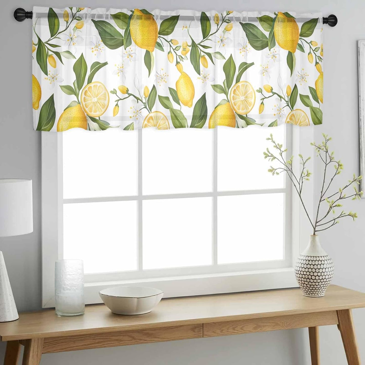 Lemon Summer Sheer Curtain 18 Inch Long Floral Lemon Yellow Green Light Filtering Rod Pocket Voile Curtain Valance for Bedroom Kitchen Cafe Window 54" W x 18" L