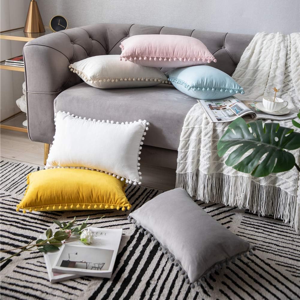 DEZENE Couch Pillow Covers 12x20 Yellow: 2 Pack Cozy Soft Pom-poms Velvet Rectangular Throw Pillow Cases for Farmhouse Home Decor