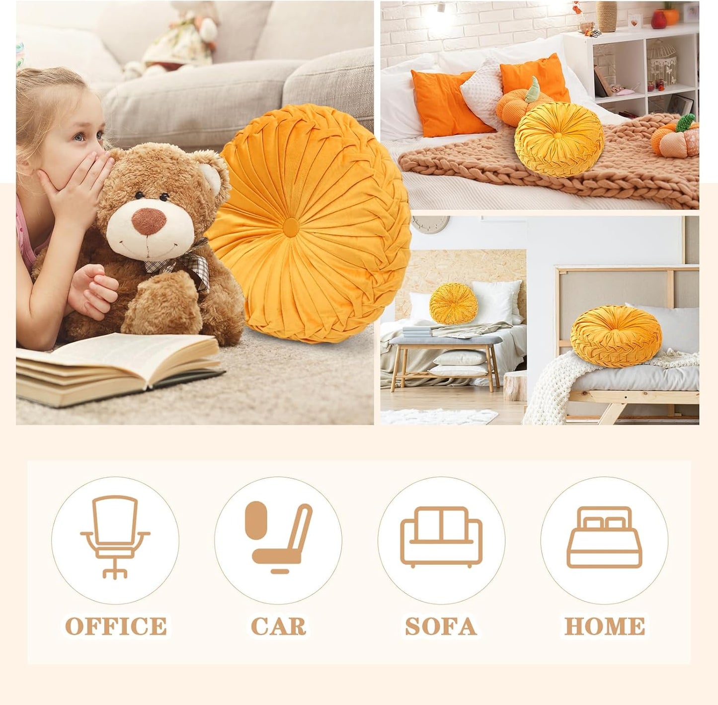 Drydiet 1 Pcs Round Throw Velvet Pillows Decorative Pleated Throw Pillows Diameter Accent Pumpkin Boho Chair Cushion for Couch Sofa Home Decoration (Yellow,15'')
