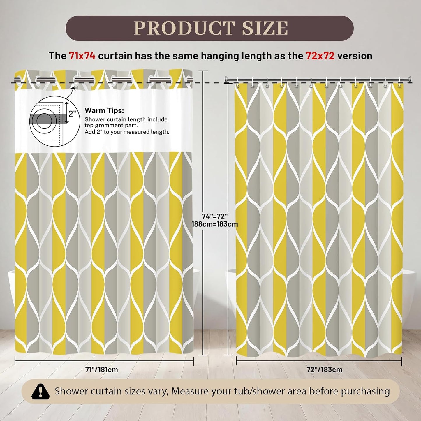 Yiatn Gray Yellow No Hook Shower Curtain with Liner Attached - Hotel Style with See Through Mesh Top Window, Modern Geometric Waterdrop Design,Waterproof and Washable, 71x74 INCH