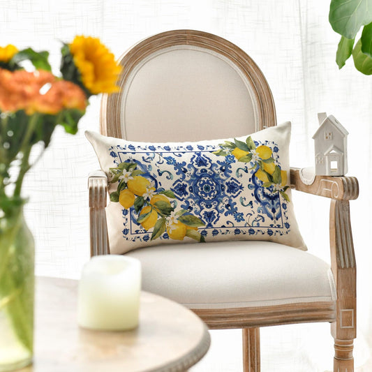 AVOIN colorlife Summer Lemon Throw Pillow Cover, 12 x 20 Inch Blue and White Porcelain Style Cushion Case Decoration for Sofa Couch