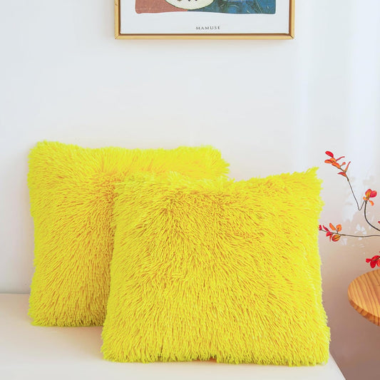 Besfunny Yellow Fuzzy Throw Pillow Covers 18"x18", Soft Decorative Fluffy Plush Yellow Pillow Cases, Furry Shaggy Faux Fur Cushion Covers for Sofa, Bed, and Living Room Decor, Set of 2 with Zipper