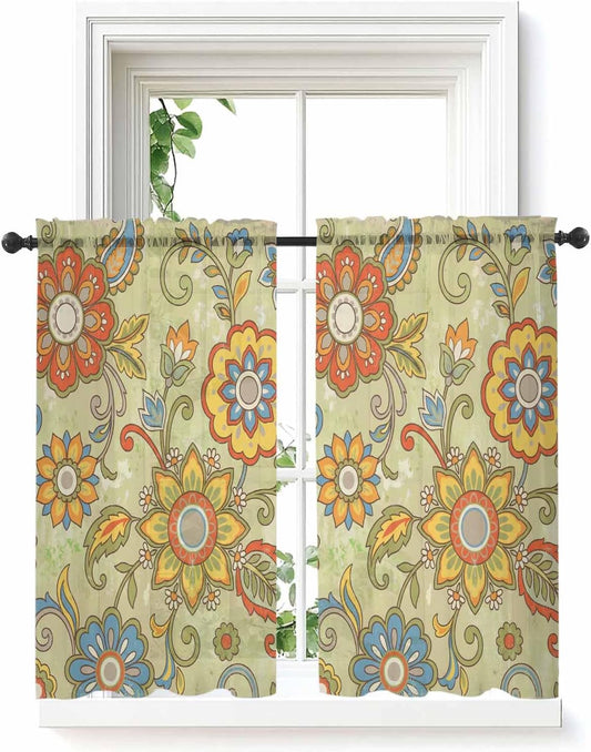 Yellow Green Boho Floral Sheer Tier Curtains 45 Inch Length, Retro Rustic Abstract Flowers Cafe Curtains Light Filtering, Sheer Voile Small Window Curtains 2 Panels, 27.5" x 45"