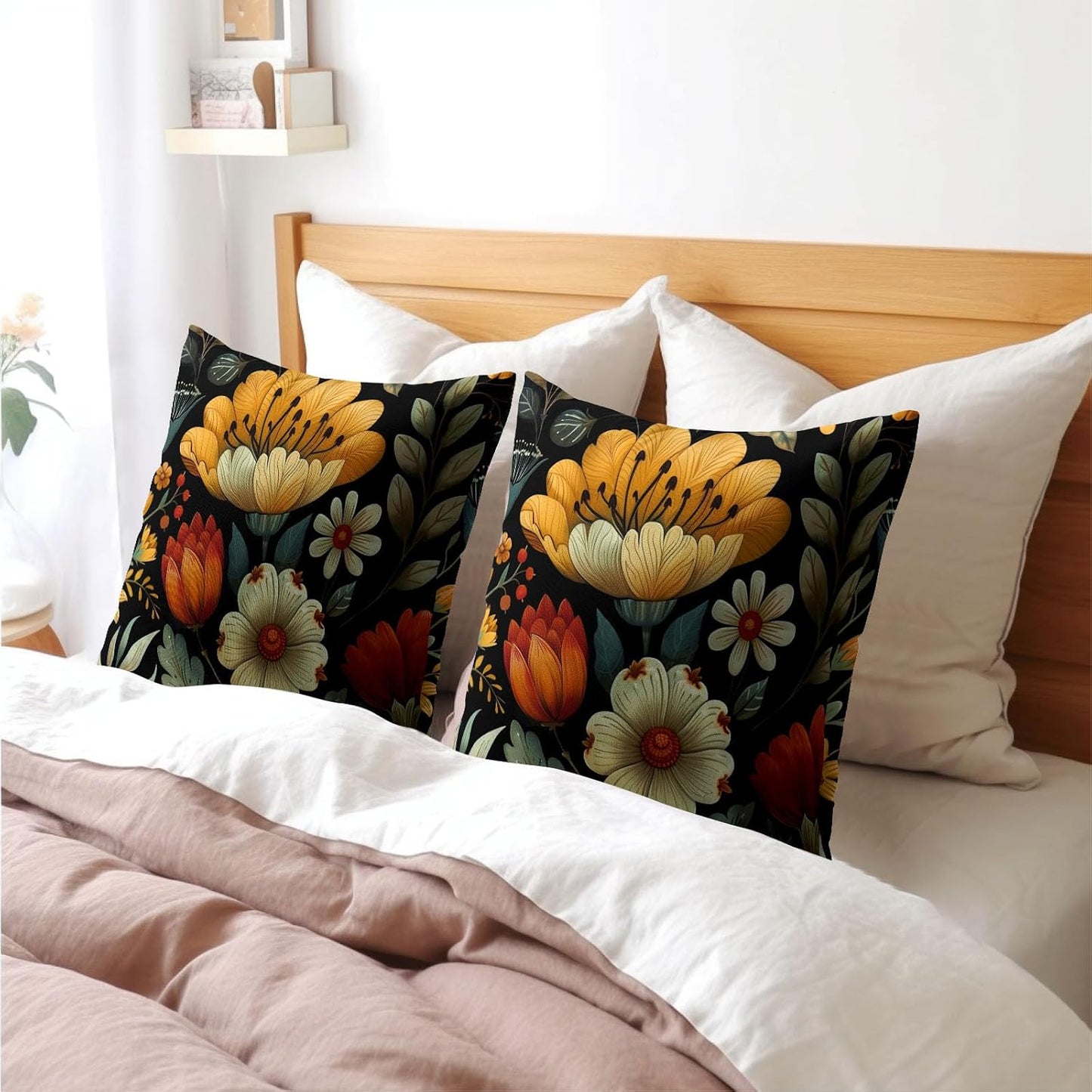 Vintage Boho Floral Pillow Covers 18x18 Inches Yellow Beige Black Throw Pillow Case Set of 2 Spring Flower Pillow Cover Cotton Linen Cushion Cover for Home Couch Sofa Bedroom Livingroom