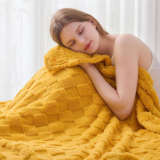 NEWCOSPLAY Super Soft Throw Blanket Mustard Yellow Premium Silky Flannel Fleece 3D Checkered Lightweight Bed Blanket All Season Use (Mustard Yellow Checkered, Throw(50"x70"))