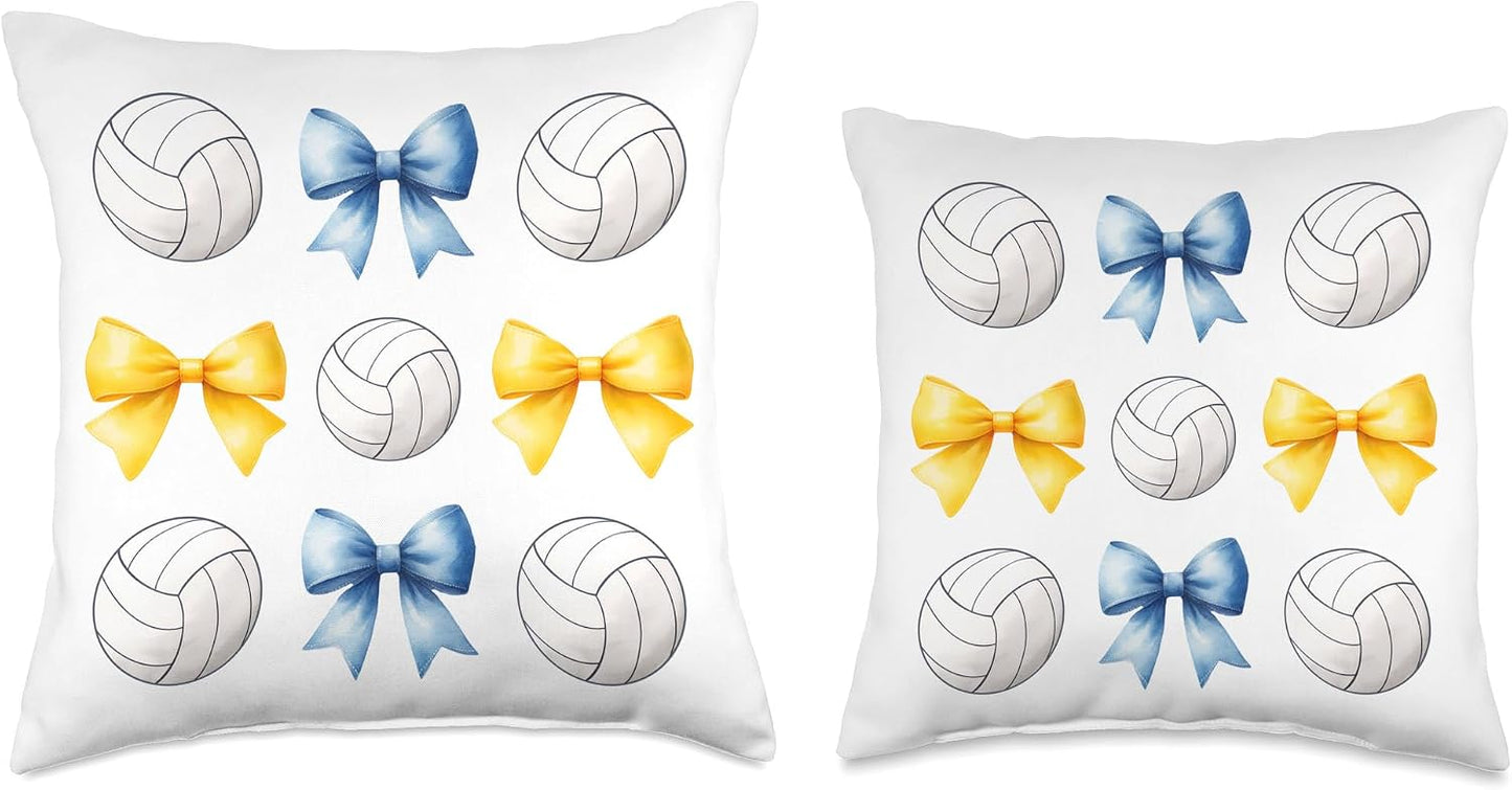 Volleyballs & Blue & Yellow Gold Bows Volleyball Team Player Throw Pillow