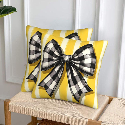 Black White Checkered Bow On Yellow Stripe Throw Pillows Covers, Couch Sofa Pillow Cases,Zipper Bedding Cushion Cases for Living Room,18x18 Inch