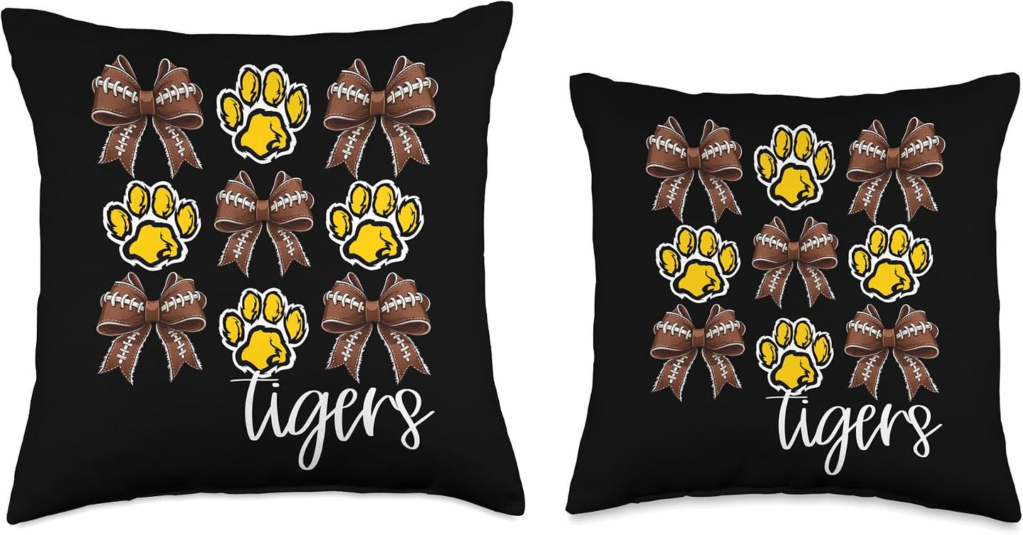 Tigers Football Mom Coquette Bows Game Day Yellow Tigers Throw Pillow
