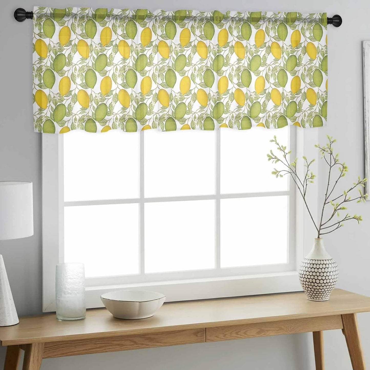 Lemon Summer Sheer Curtain 18 Inch Long Plant Leaves Light Filtering Rod Pocket Voile Curtain Valance for Bedroom Kitchen Cafe Window 54" W x 18" L