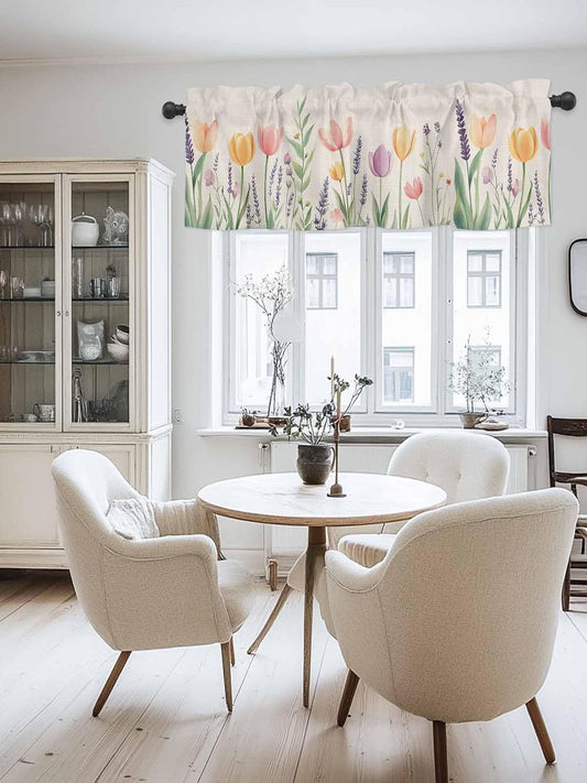 Spring Floral Valances for Windows, Pink Yellow Tulip Kitchen Curtains Window Treatment Decor, Summer Botanical Flowers Rod Pocket Short Window Valances for Living Room/Bedroom, 54" x 18"