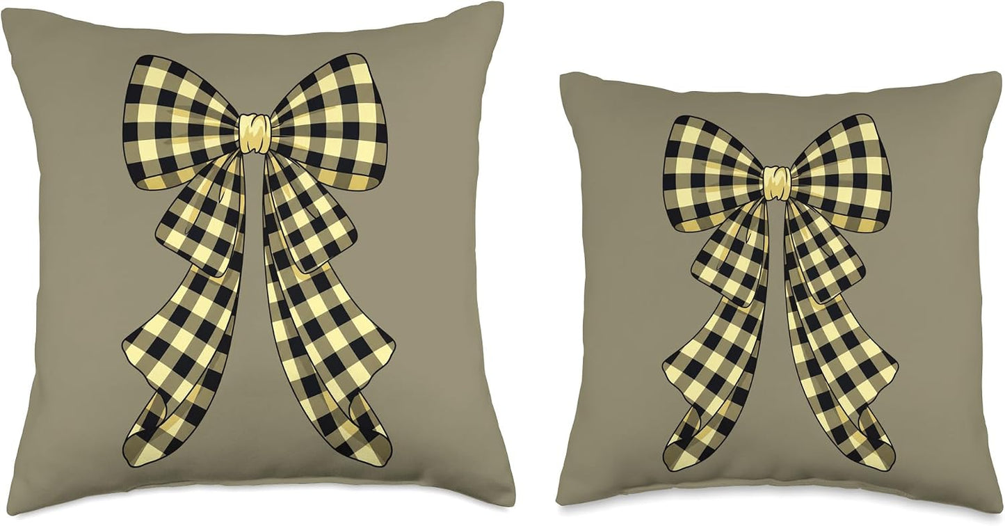 Coquette Big Bow Vanilla Yellow and Black Gingham Plaid Throw Pillow