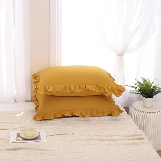 Merryword Mustard Yellow Pillowcases King Pillowcases Set of 2 Ruffle Pillow Shams Cute Pillow Covers Solid Ruffled Fringe Design Yellow Shabby Chic Pillowcases 2 Pack