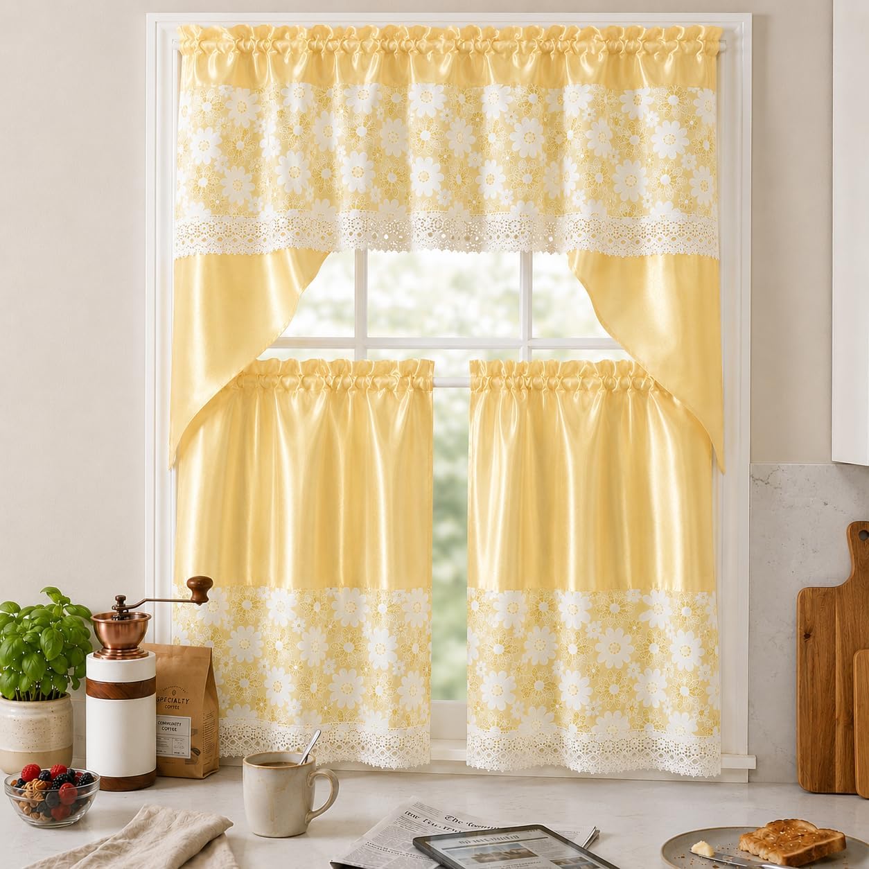 American Linen 3-Piece Floral Daisy Embroidered Curtain Set (Yellow) | 3-piece curtain set with matching valance and tiers. Floral embroidery, sequin accents, semi-sheer light-filtering fabric.