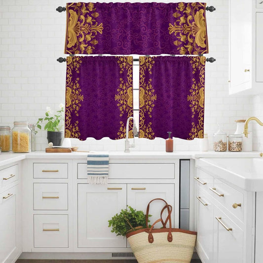 Vintage Purple Kitchen Curtains Set for Windows, Yellow Flower Lace Baroque Ethnic Style Curtains Valance and Tier 3 Piece Set Small Drapes 36 Inch Length for Kitchen Bedroom Decor