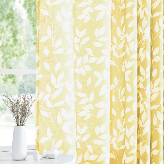 Treatmentex Semi-Sheer Curtains for Living Room Windows 95" Long White and Yellow Leaf Print Curtains for Girl's Room, Bedroom Grommet Top Curtain Panels, Mustard Yellow, 1 Pair