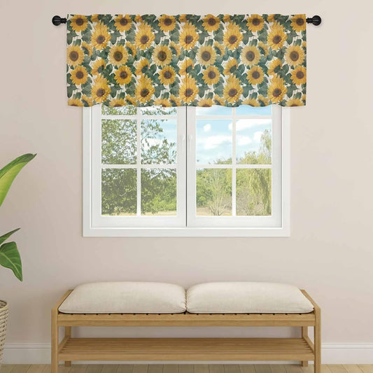 Sunflowers Sheer Curtain 18 Inch Long Vintage Watercolor Yellow Sunflower Floral Leaf Linen Texture Light Filtering Rod Pocket Voile Curtain Valance for Bedroom Kitchen Cafe Window 54" W x 18" L