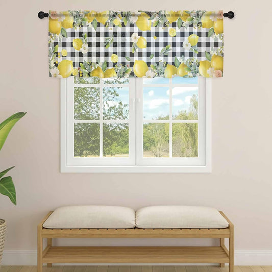 Country Sheer Curtain 18 Inch Long Vintage Yellow Lemon Flowers Black White Check Light Filtering Rod Pocket Voile Curtain Valance for Bedroom Kitchen Cafe Window 54" W x 18" L
