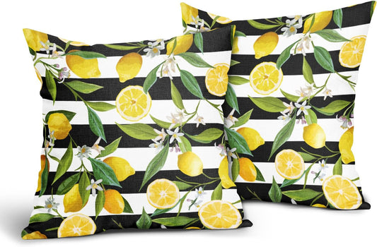 Lemon Pillow Covers 18x18 Inch Set of 2 Summer Fruit Black and White Stripes Linen Cotton Decorative Throw Pillow Case Floral and Leaves Cushion Cover for Bedroom Sofa Living Room Chair Home Decor