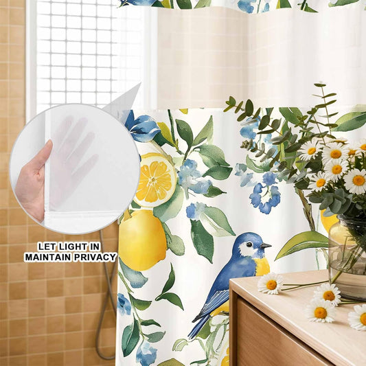 No Hook Shower Curtain 72" x 72",Pastoral Vintage Lemon Blue Bird Waterproof Bath Curtains Semi-Sheer Mesh Top Window,Hotel Luxury Shower Curtains Bathroom Decor,Retro Yellow Fruit Flowers