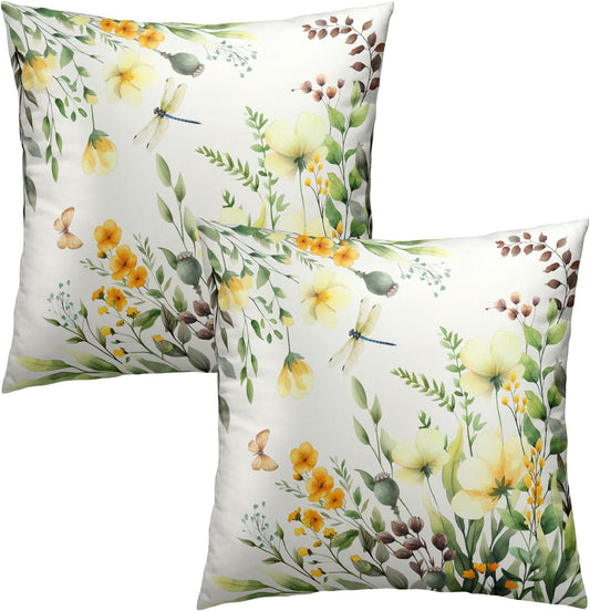 Spring Sage Green Leaf and Flowers Pillowcase Set of 2 Yellow Floral Decor Throw Pillows 16x16 Inch Spring/Summer Eucalyptus Square Pillow Cushion Covers for Home Living Room Bed Sofa Outdoor Couch