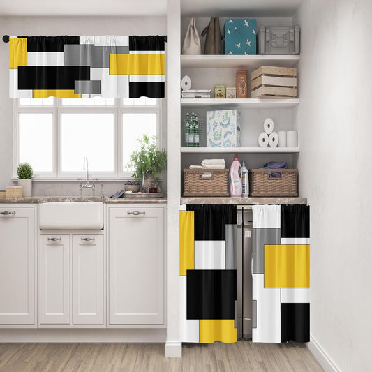 Yellow Kitchen Window Curtains Valance and Tier Set, Black Grey White Modern Rod Pocket Short Tier Curtain, Abstract Art Small Cafe Drapes for Kitchen Decor 52" x 24"