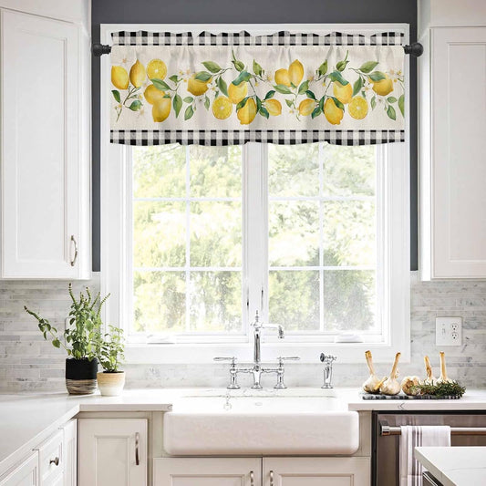 Valances for Window Semi Sheer Valance Light Filtering Small Window Curtains Art Farm Summer Yellow Lemon Black White Plaid Curtain for Living Room Bathroom 60"x18"