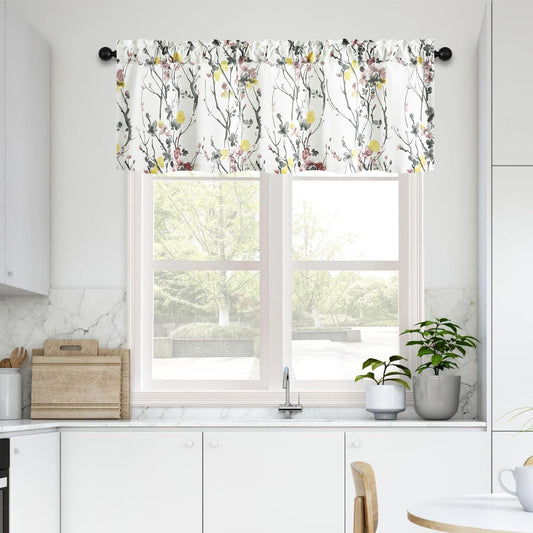 Leeva Yellow Flower Printing Valance Curtains for Bedroom, 60x18 Inches Light Filtering Decorative Small Drapery for Living Room, Rod Pocket Kitchen Valances for Windows, 1 Piece