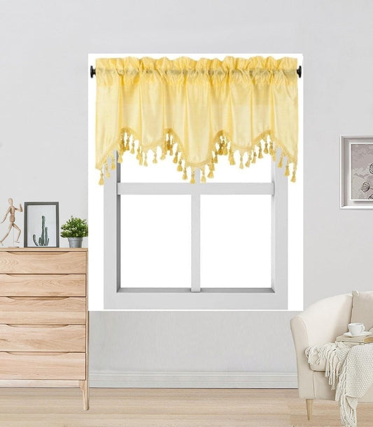 Solid Faux Silk Swag Waterfall Cascade Ascot Window Curtain Valance w/Tassels Trim 55" x18" Wave (2, Yellow)