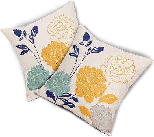 Flowers Outdoor Pillow Covers 18x18 Set of 2, Teal Grey Mustard Yellow Floral Decorative Throw Pillows Cover,Spring Summer Navy blue Leaf Linen Square Pillowcase Decor Gifts for Home Patio Couch Sofa