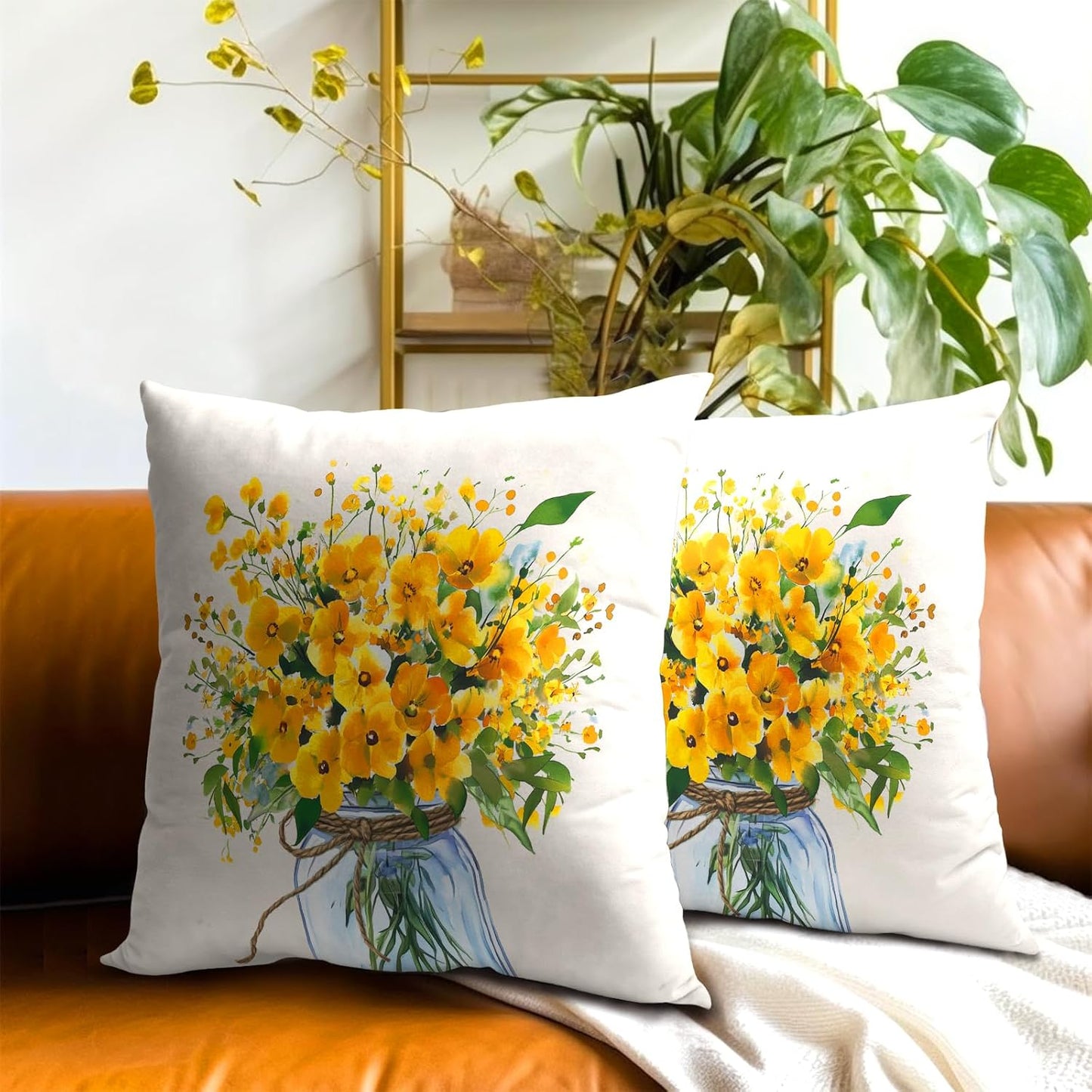 Yellow Flower Throw Pillow Cover 18x18inch 2 Packs Spring Watercolor Floral Jar Vase Cotton Cushion Case Summer Seasonal Farmhouse Pillowcase for Sofa Couch Home Patio