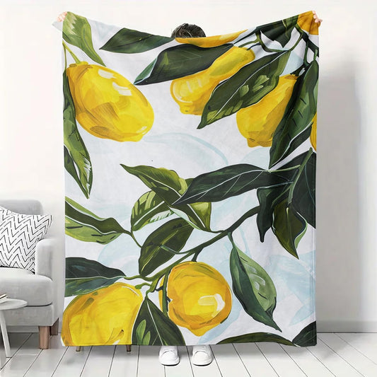 Lemon Throw Blanket, Yellow Fruits Green Leaves Pattern, Decorative Blankets Fuzzy Gifts for Sofa Couch Bedroom (40" x 30")