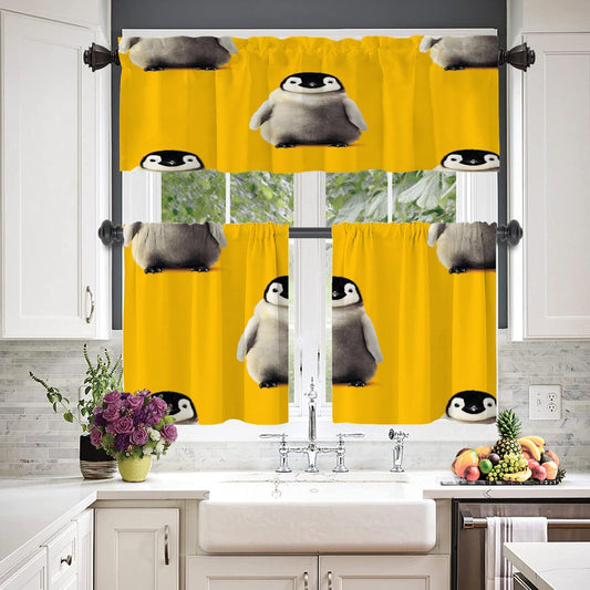 Cute Penguin Blackout Kitchen Curtain, Baby Penguins On Yellow Window Treatment Rod Pocket Light Filtering Bathroom Short Valance 1 Pack 52X18 Inches