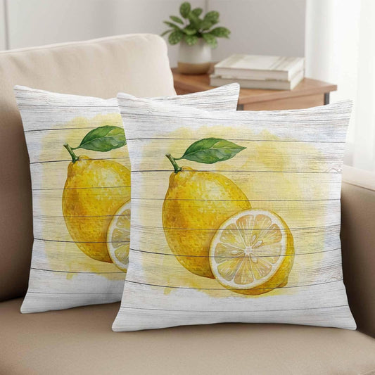 Set of 2 Summer Lemons Pillow Covers 16x16 Inch, Watercolor Yellow Fruit Farmhouse Wood Grain Decorative Throw Pillow Cases Cotton Cushion Covers for Sofa Couch Bed Living Room Bedroom Home Decor