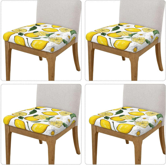 Square Chair Seat Covers Set of 4, Yellow Lemons Chair Covers with Elastic Ties, Soft Stretch Removable Universal Chair Protector Seat Cushion Slipcovers for Dining Room Kitchen Office