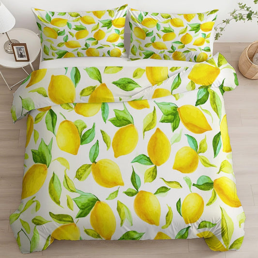 Yellow Duvet Cover Set King Size, Kids Teens Hand Drawn Leaves and Lemon Bedding Set, 3 Piece Soft Microfiber Comforter Cover (104 x 90 in) with 2 Pillowcase