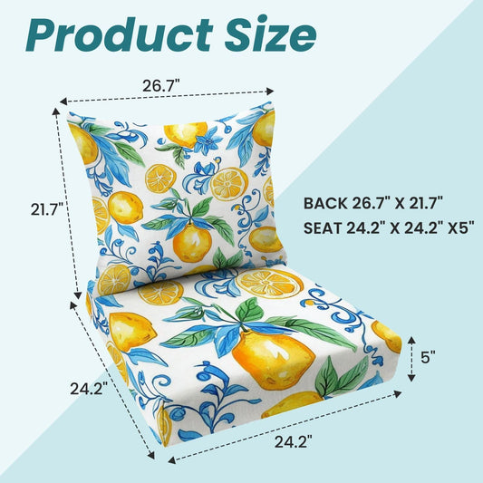 Outdoor Deep Seat Cushion Set Mediterranean Seamless Pattern Blue Majolica Tiles Yellow Lemons 24 x 24 Inch Fade Resistant Patio Furniture Cushions with Removable Cover for Chaise Lounge