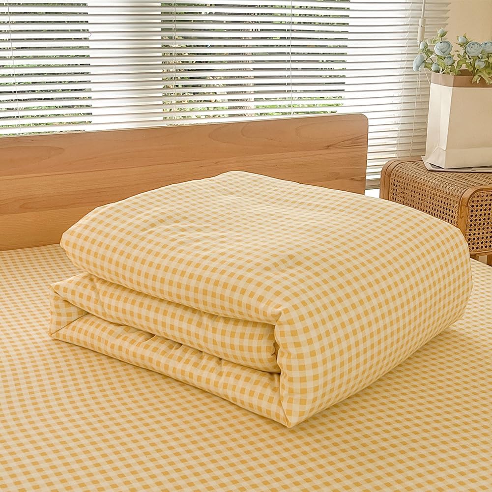 NSNLGSGC King Size Comforter Set, Yellow Gingham Bedding Comforter Sets, Yellow Grid Bed Comforter 3 Pieces (1 Comforter, 2 Pillowcases)