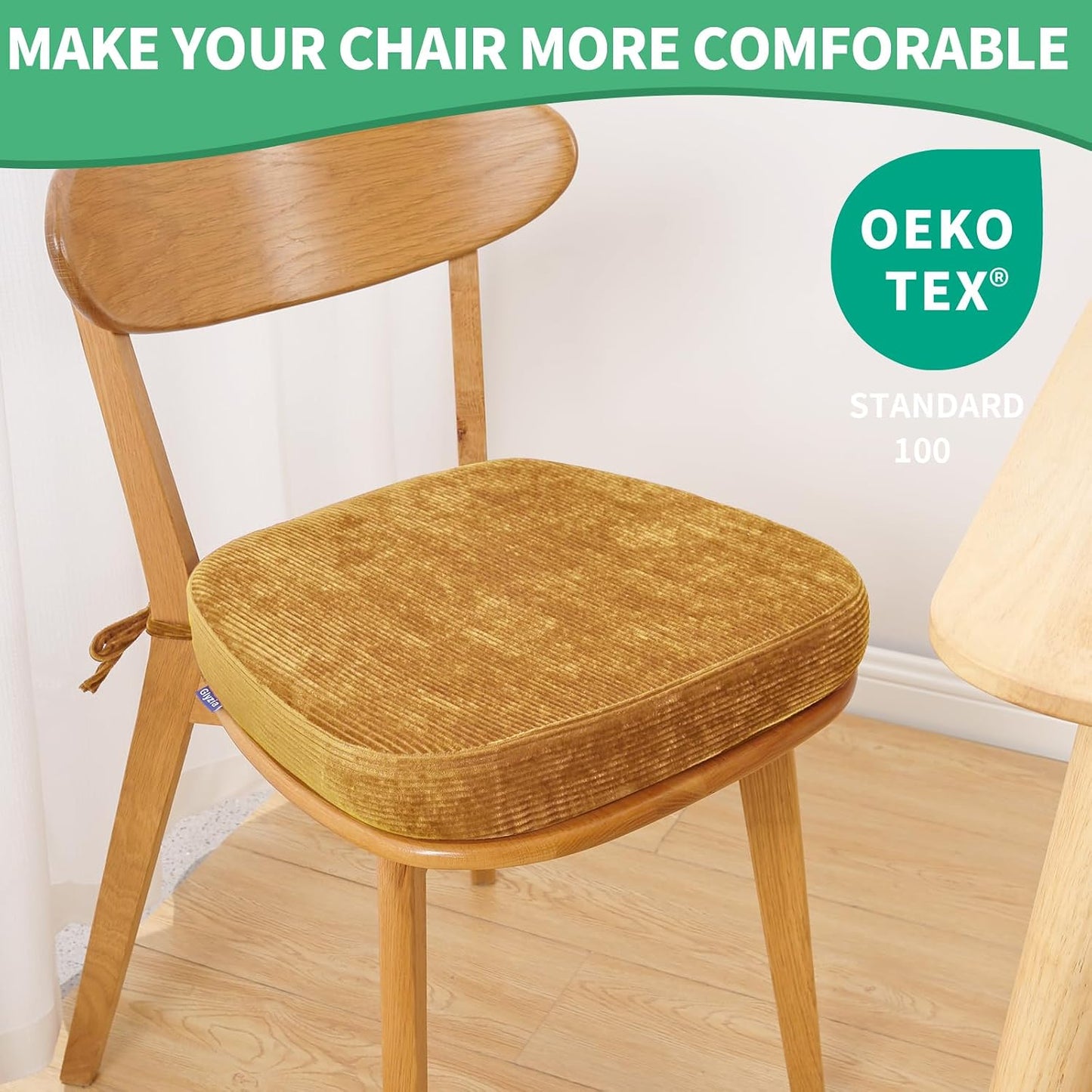 2.5" Thick Chair Cushions for Dining Chair, Corduroy High Density Foam Kitchen Chair Pads, U Shaped Indoor Seat Cushions with Ties & Non-Slip Backing, Washable Cover, 17''x16.5'', Yellow