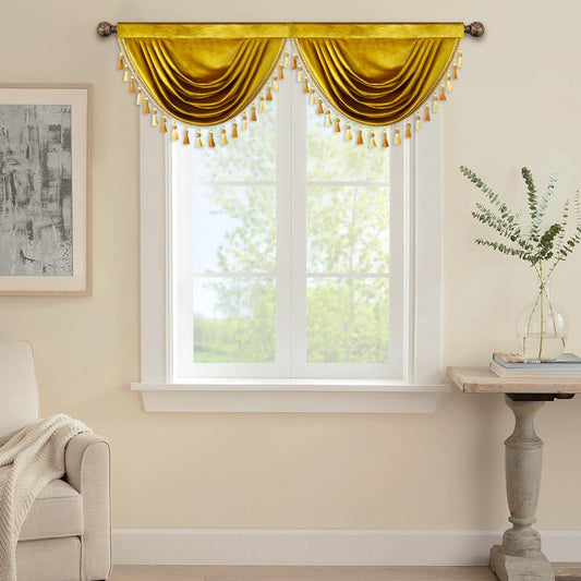 VOGOL Gold Velvet Kitchen Valance Curtains, Vintage Style Light Filtering Window Treatment for Bedroom, 30 Inches Wide Rod Pocket Waterfall Valance Drapes for Living Room, 1 Panel