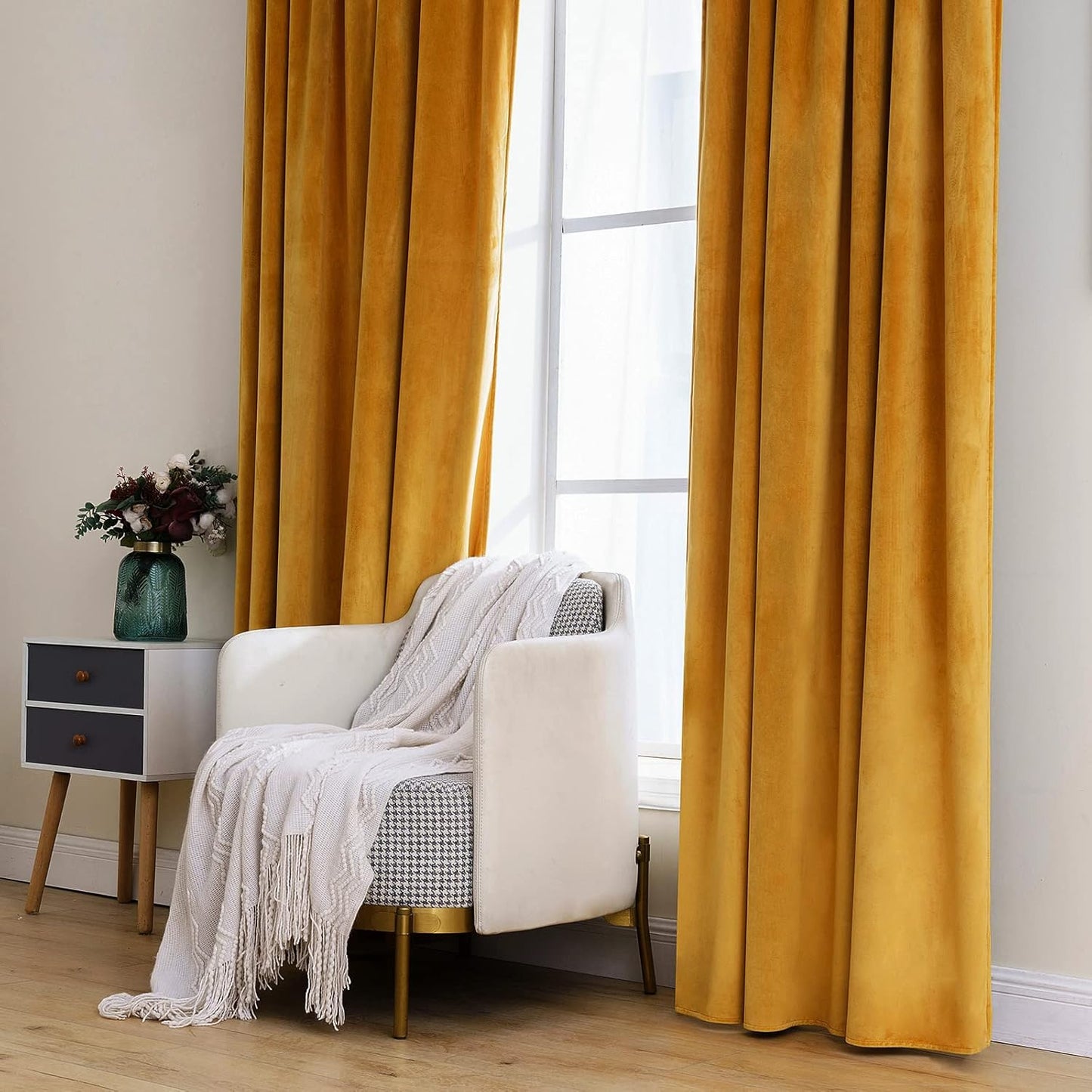 MIULEE Velvet Curtains 84 inches 2 Panels - Luxury Blackout Curtains for Bedroom Living Room Thermal Insulated Fall Decor Super Soft Window Drapes Rod Pocket & Back Tab, Mustard Yellow