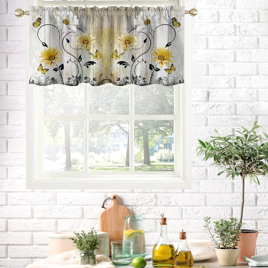 AAtter Yellow Floral Kitchen Valance Curtain for Window Vintage Rustic Flower Farmhouse Sunflower Small Short Home Living Room Bedroom Bathroom Rod Pocket Drape Fabric 1 Panel, 52" W x 18" L, Retro