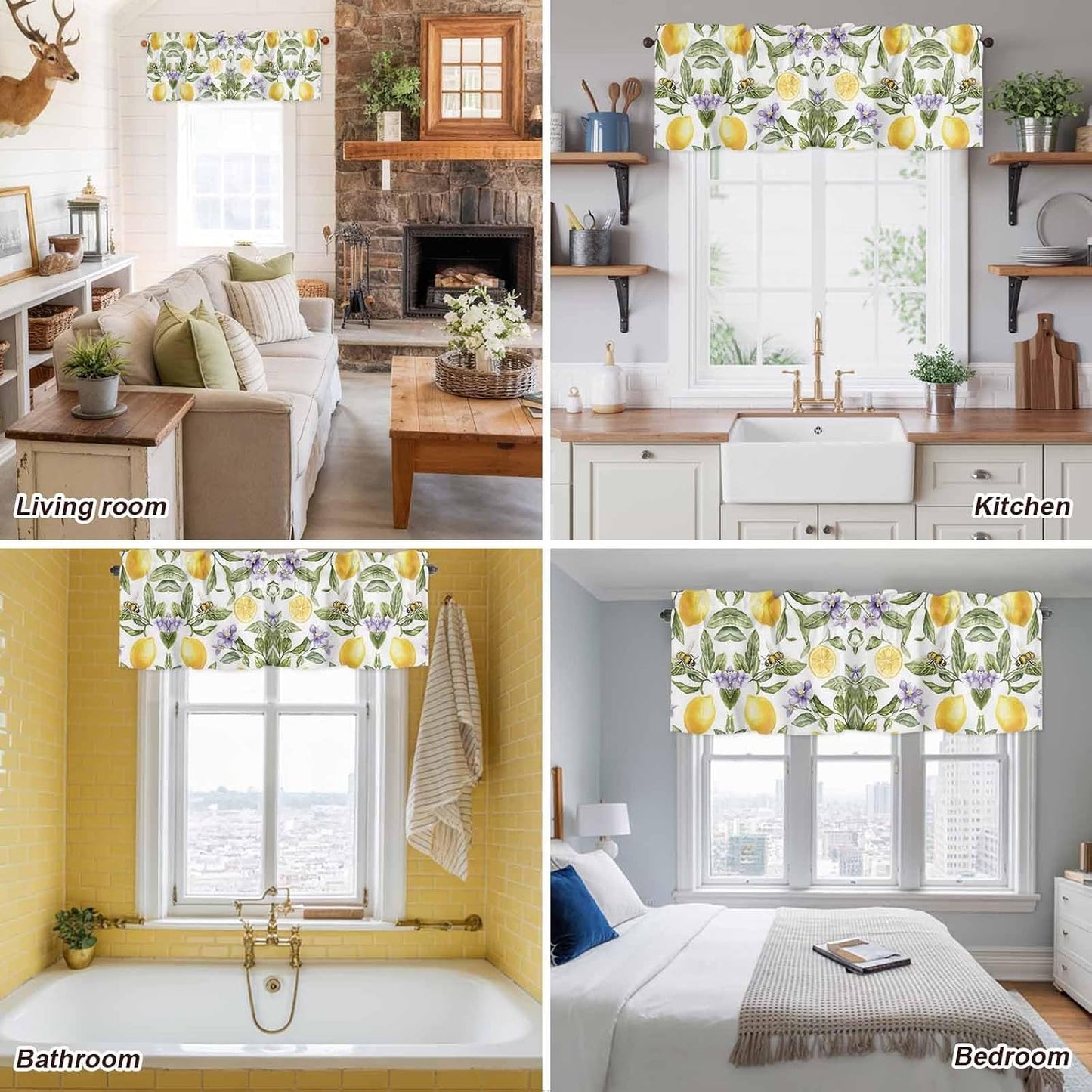 Lemon Flower Valance Curtains Kitchen Curtain for Windows Valance Yellow Fruit Floral Country Bee Summer Sheer Curtains Privacy Bedroom Curtain Topper for Living Room Bathroom Home Decor 42x12in