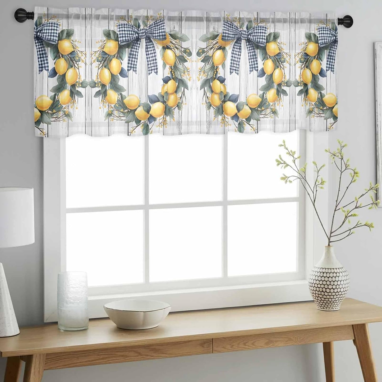 Farmhouse Style Sheer Curtain 18 Inch Long Lemon Garland Bow Wood Grain Light Filtering Rod Pocket Voile Curtain Valance for Bedroom Kitchen Cafe Window 54" W x 18" L